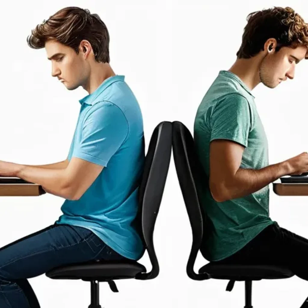 체형교정 및 자세교정 - **Image Prompt 1: The Tale of Two Desks - Posture Transformation**
A split-image or dual-panel i...