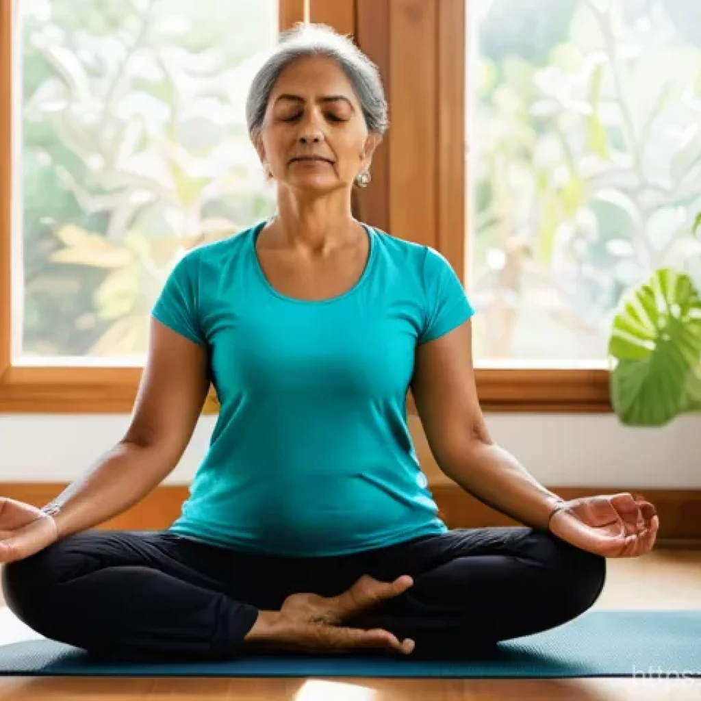 심폐물리치료 - **Prompt:** A serene, middle-aged Indian woman with a peaceful and focused expression is demonstrati...