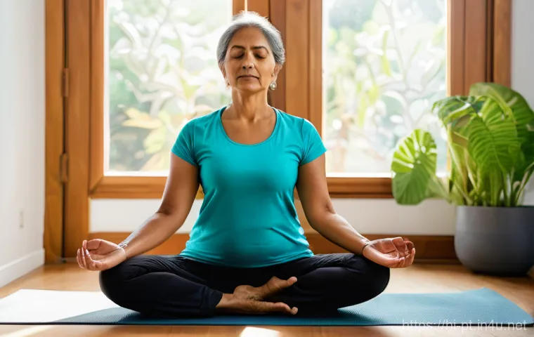 심폐물리치료 - **Prompt:** A serene, middle-aged Indian woman with a peaceful and focused expression is demonstrati...