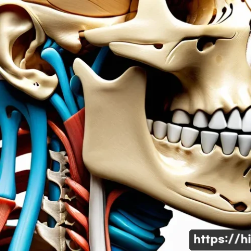 턱관절 장애 물리치료 - A detailed medical illustration of the human temporomandibular joint (TMJ) showing bones, muscles, l...