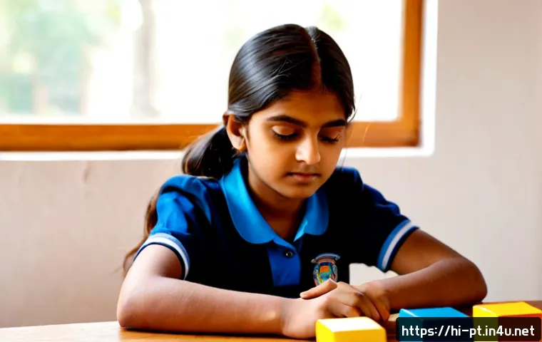 운동조절 및 학습 - Photorealistic Indian schoolgirl practicing precise hand-eye coordination by stacking colorful woode...